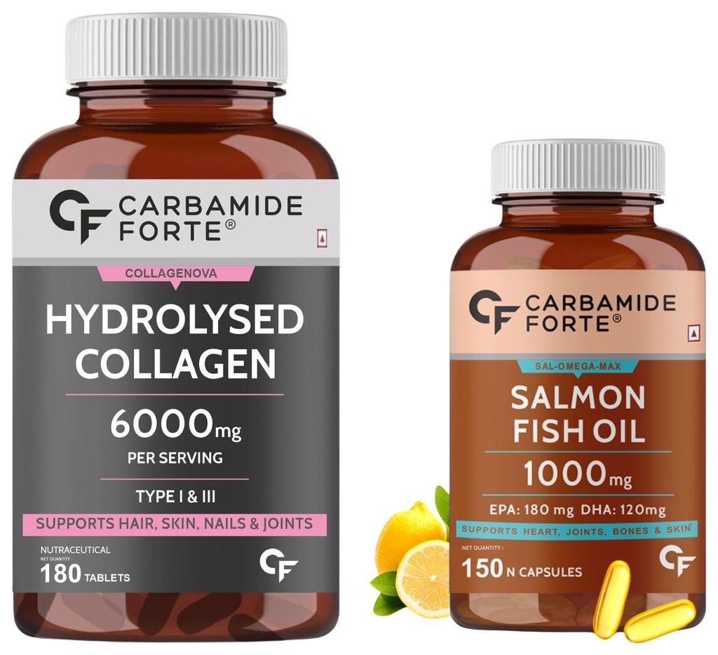 Carbamide Forte Salmon Fish Oil Omega 3 Capsule 1000 mg - Pack of 150 Softgel Capsules & Carbamide Forte Hydrolyzed Collagen Peptides, 180 Tablets | 6000mg with Type 1 & 3 Collagen Powder