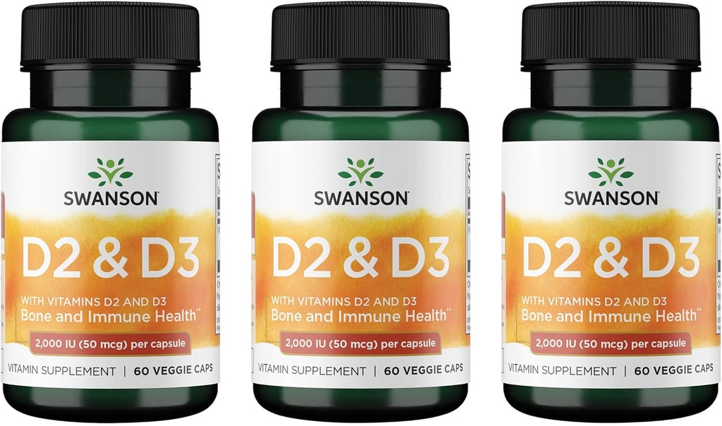 Swanson Vitamin D Complex with Vitamins D2 & D3 - Complete Sunshine Vitamin Complex for Bone, Dental & Immune Health - Vitamin Supplement (50 mcg, 60 Veggie Capsules) (3 Pack)