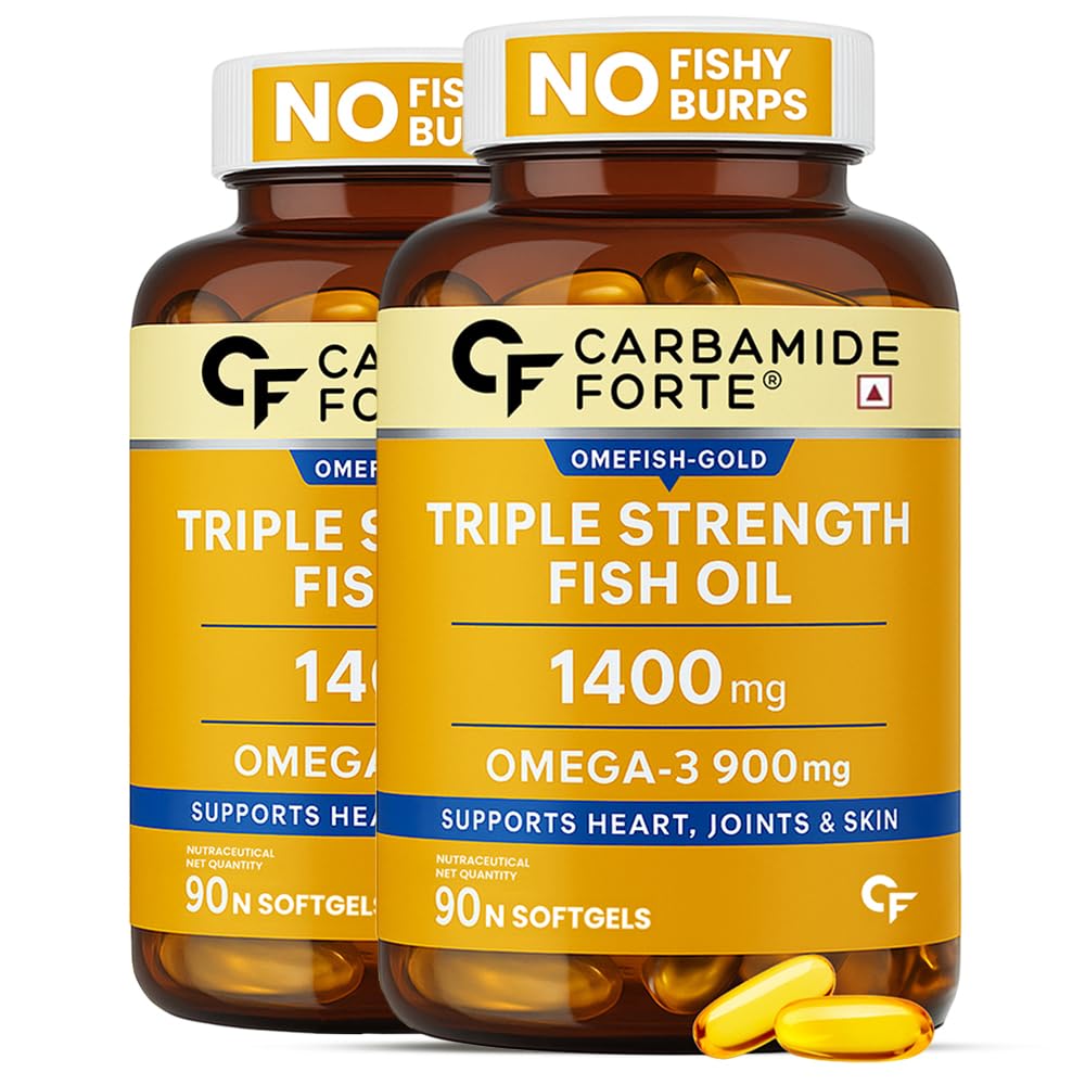Carbamide Forte Triple Strength Omega 3 Fish Oil Capsule with 495 mg EPA & 330 mg DHA | 90 Softgel Capsules | Supports Heart, Joints and Skin (Pack of 2)