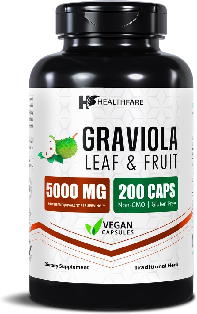 Graviola Soursop Extract 5000mg | Annona Muricata | 200 Vegan Capsules | High Potency Leaf & Fruit Blend | Non-GMO | Gluten-Free | Made in USA