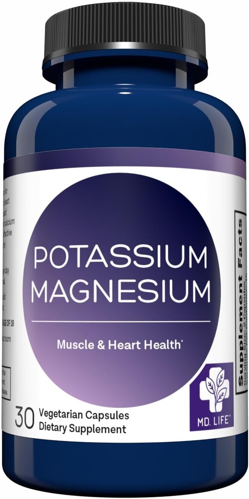 MD. Life Potassium Magnesium Supplement - 30 Capsules - High Absorption Magnesium Complex - Potassium Supplement to Support Vascular Health & Leg Cramp
