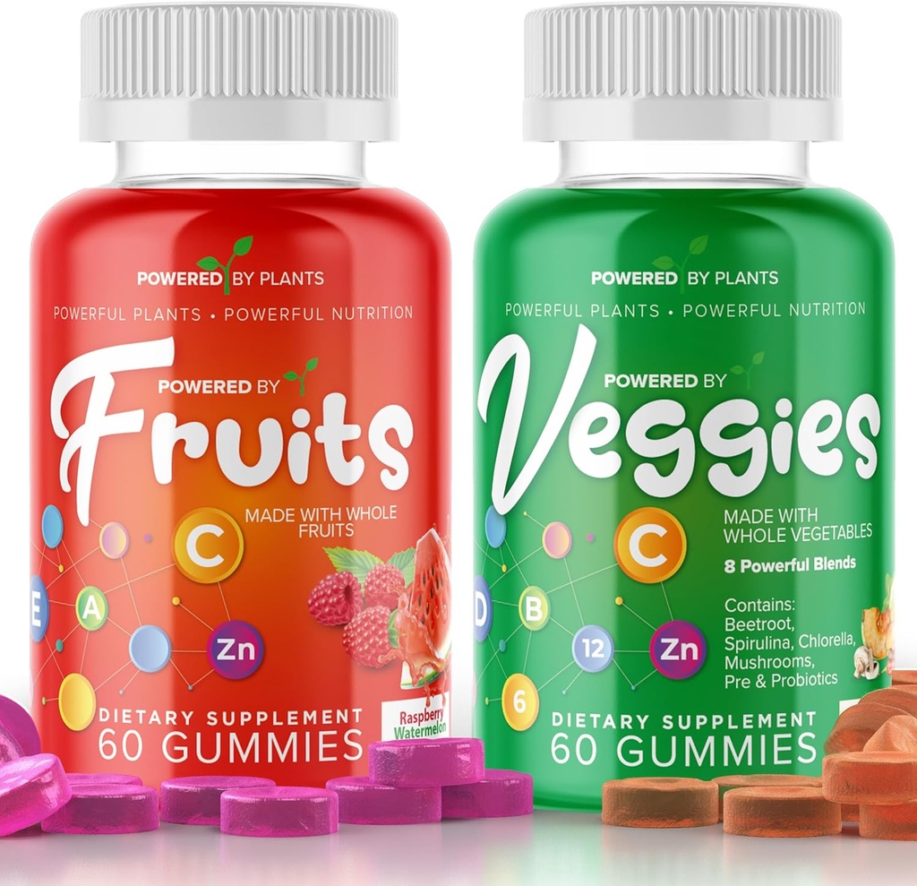 Fruit and Veggie Gummies for Adults - Natural Superfood with Vitamins, Minerals, & Antioxidants - Fruit and Veggies Supplement - Powered by Plants, Pack of 2, 60 Gummies Each, 30-Day Supply