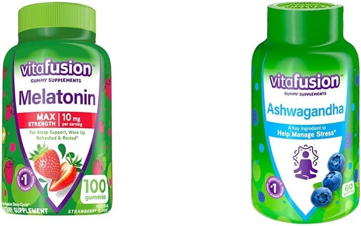 Vitafusion Max Strength Melatonin Gummy Supplements, 100 Count Ashwagandha Gummies, 60 Count