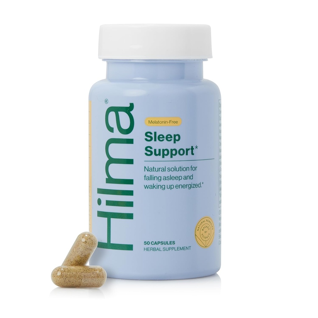 Hilma Sleep Aid Formulated with Magnesium & L-Theanine, Natural Sleep Aids for Adults to Help You Fall Asleep and Stay Asleep Melatonin-Free, Non-Drowsy Next Day Formula, 50 Vegan Capsules