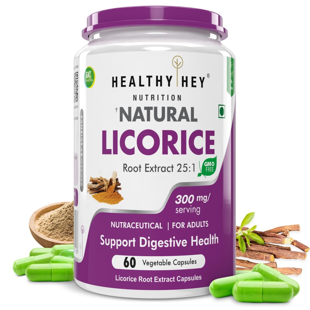 HealthyHey Nutrition Licorice Root Extract 25:1-100% Natural -60 Veg. Capsules- Support Heart Health and Digesion