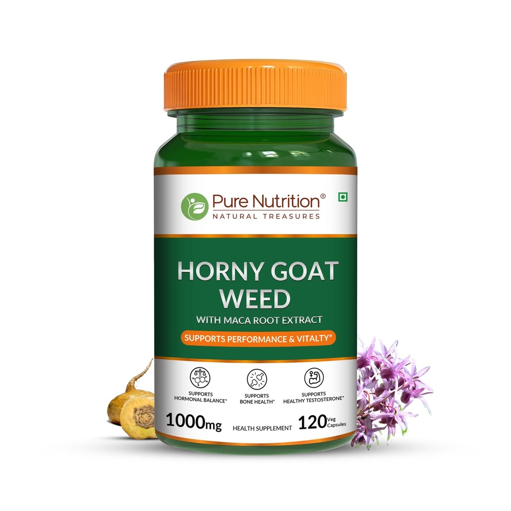 Pure Nutrition Horny Goat Weed with Maca Root Extract 1000mg | Horny Goat Weed for Men Capsule Supports Energy, Stamina, Bone & Hormonal Health – 120 Veg Capsules