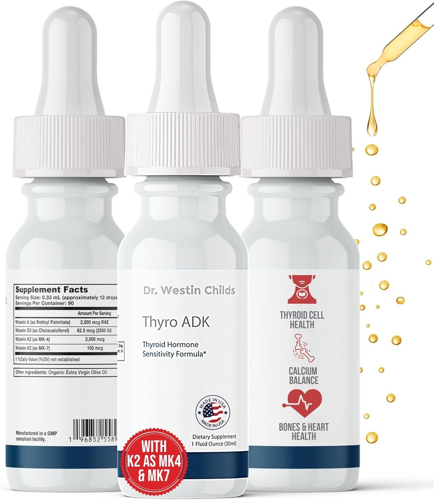 Dr. Westin Childs Thyro ADK - Thyroid Hormone Sensitivity Formula with Vitamin A, D, K2 (as MK4) in Organic Extra Virgin Olive Oil Base, 90 Servings
