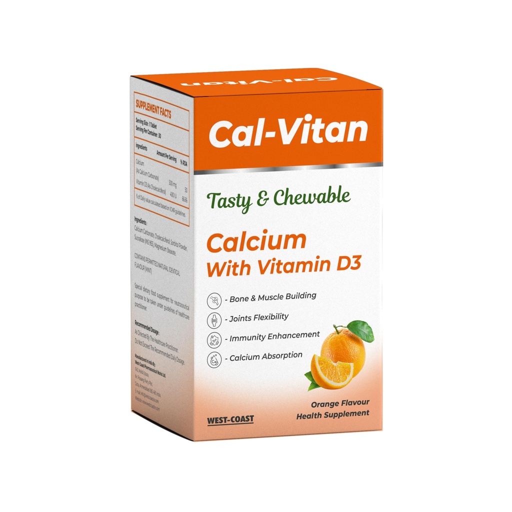 Westcoast CalVitan Calcium 500mg + Vitamin D3 Chewable Orange Flavor (30 Tablet)