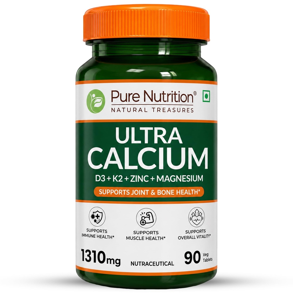 Pure Nutrition Ultra Calcium 1310mg – 90 Veg Tablets | With Vitamin D3, K2, Zinc & Magnesium | Bone, Joint, Muscle & Immune Health Support | Calcium Supplement for Men & Women