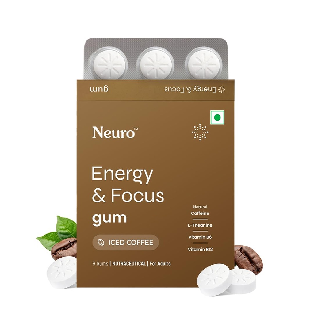 Neuro Energy & Focus Gum - Iced Coffee | Quick Energy Boost & Enhanced Focus | Natural Caffeine + 60 mg L-Theanine + Vitamin B6 & B12 | No Added Sugar | Aspartame Free | 45 Gums