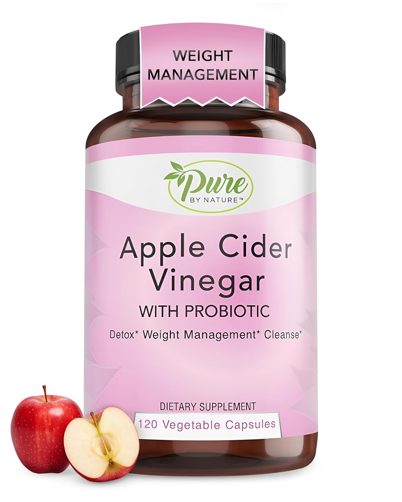 Pure By Nature Apple Cider Vinegar + Probiotic for Women & Men, Raw Apple Cider Vinegar Pills for Weight Management Support & Cleanse Support (120 Capsules)