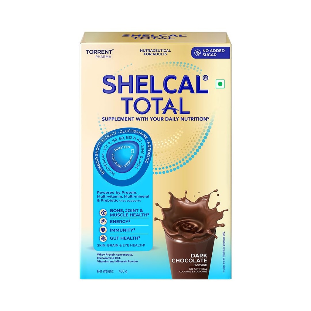 Shelcal Total - Powered by Protein, Multi-Vitamin, Multi-Mineral & Prebiotic supports Bone, Joint & Muscle, Immunity, Gut Health, No Added Sugar (Dark Chocolate) 400g - By Torrent Pharma, Powder