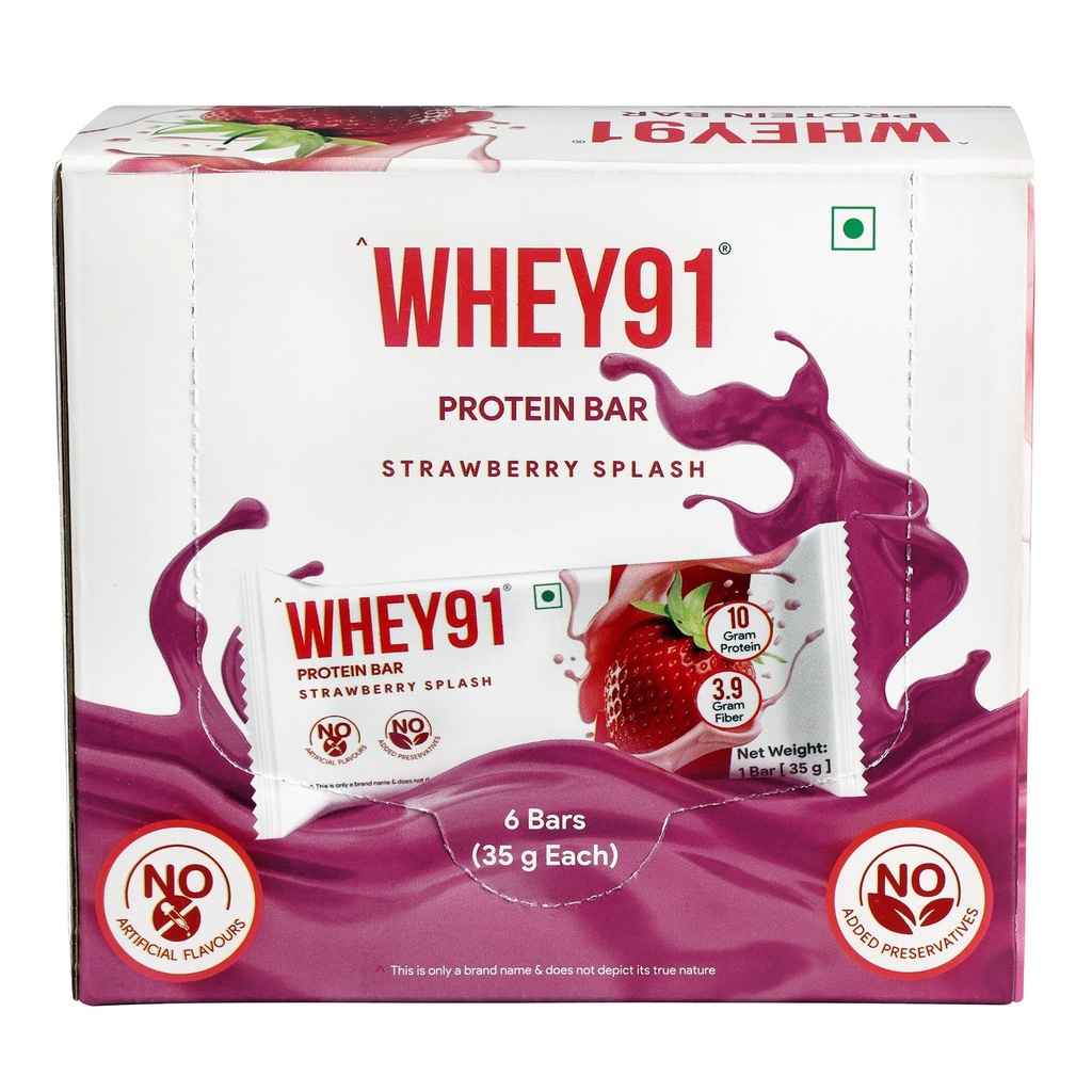Whey91 Strawberry Splash Protein Bar, 10g Protein & 3.9g Fiber in each, No Added Preservatives, No Artificial Flavours, 210g- (Pack of 6)