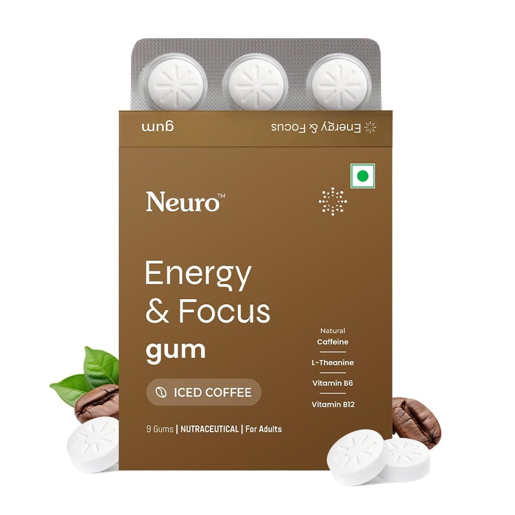 Neuro Energy & Focus Gums - Iced Coffee | Quick Energy Boost & Enhanced Focus | Natural Caffeine + 60 mg L-Theanine + Vitamin B6 & B12 | No Added Sugar | Aspartame Free | 90 Gums