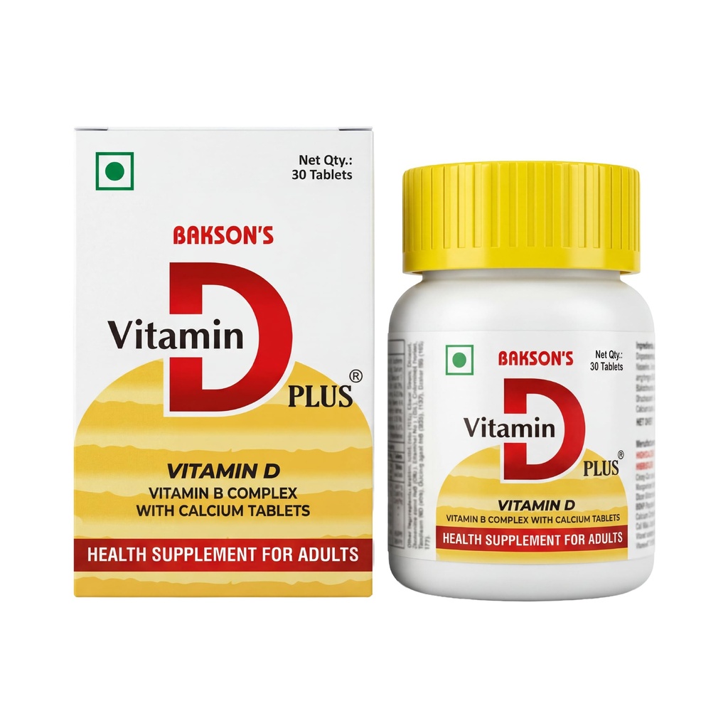 Bakson's Vitamin D Plus, Promotes Calcium Absorption, Bone Health, Muscle Strength & Boosts Immunity | Comes With Vitamin A, B, C & E, | For All Age Group, 30 Tablets (Veg)