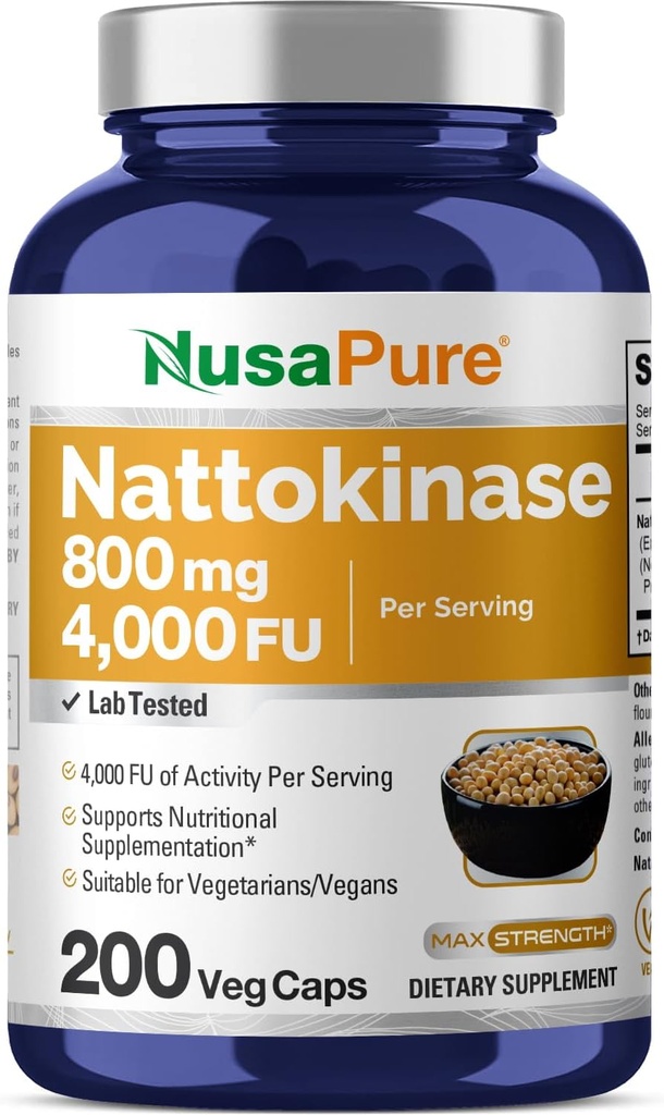 NusaPure Nattokinase 4000 FU 800mg, 200 Veggie Capsules (Vegan, Non-GMO)