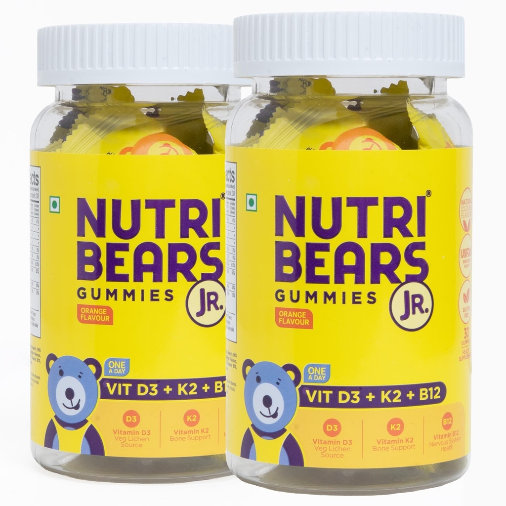 NutriBears Kids Vitamin D3 + K2 + B12 Gummies | Plant-Based Lichen D3 + MenaquinGold™ K2 (MK-7) | No Artificial Colours | Bones, Immunity & Mood | Vegetarian | Ages 2–12 | Orange | 60 Gummies