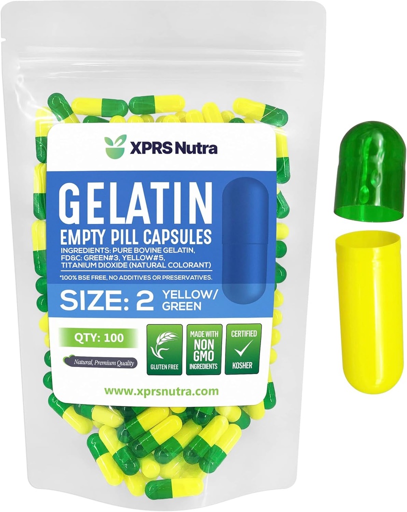 XPRS Nutra Size 2 Empty Capsules - 100 Count Empty Gelatin Capsules - Pills DIY Capsule Filling - Pure Bovine Pill Gel Caps for Do-It-Yourself Supplements (Green/Yellow)