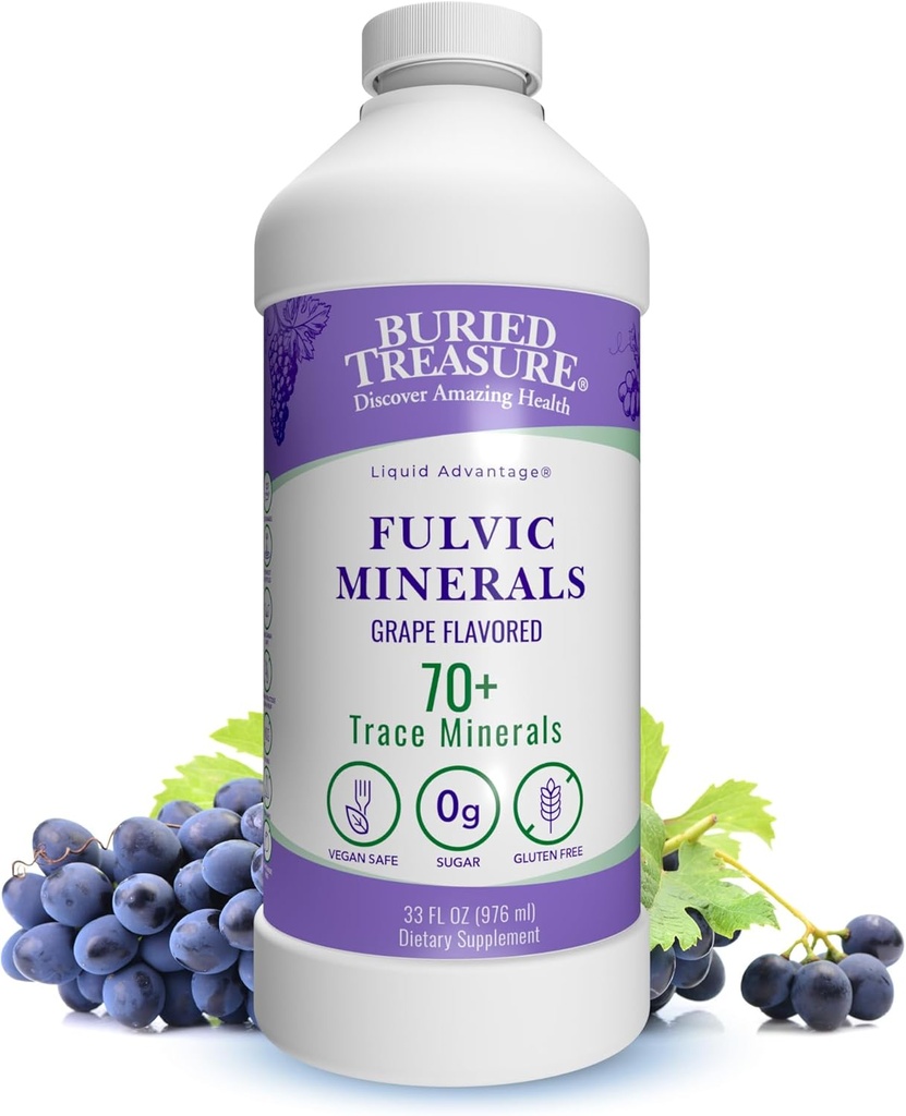 Buried Treasure Fulvic Minerals Grape Flavored – Colloidal Minerals from Humic Fulvic Acid, Electrolytes from Trace Minerals for Recovery and Wellness Support. Add to Water – 32 Servings