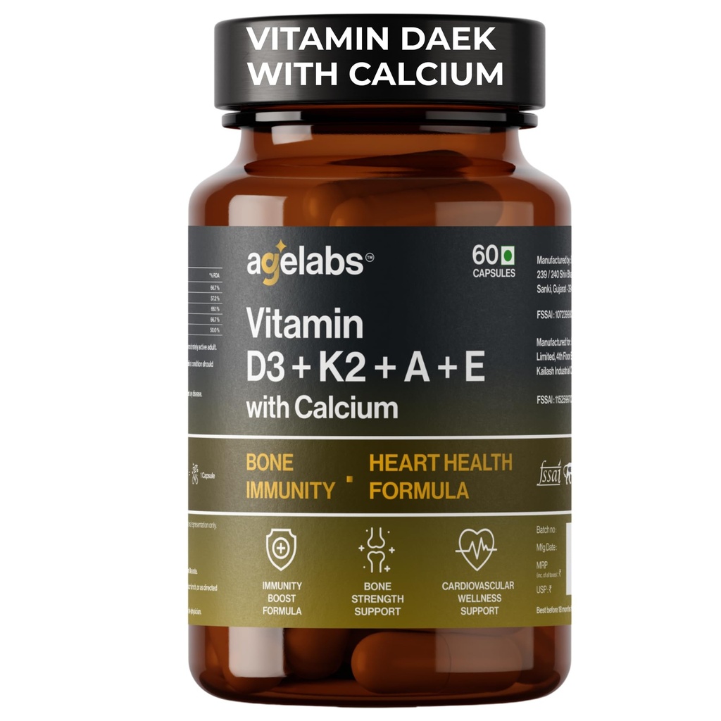 Vitamin ADK | Vitamin D3 K2 MK7 Supplement with Vitamins A, E & Calcium | Bone Strength, Calcium Absorption, Immunity, Heart Health & Joint Support | 60 Vegetarian Capsules