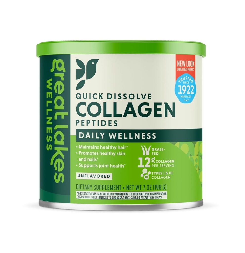 Great Lakes Wellness Collagen Peptides Powder Supplement for Skin Hair Nail Joints - Unflavored - Quick Dissolve Hydrolyzed, Non-GMO, Keto, Paleo, Gluten-Free, No Preservatives - 7oz Canister