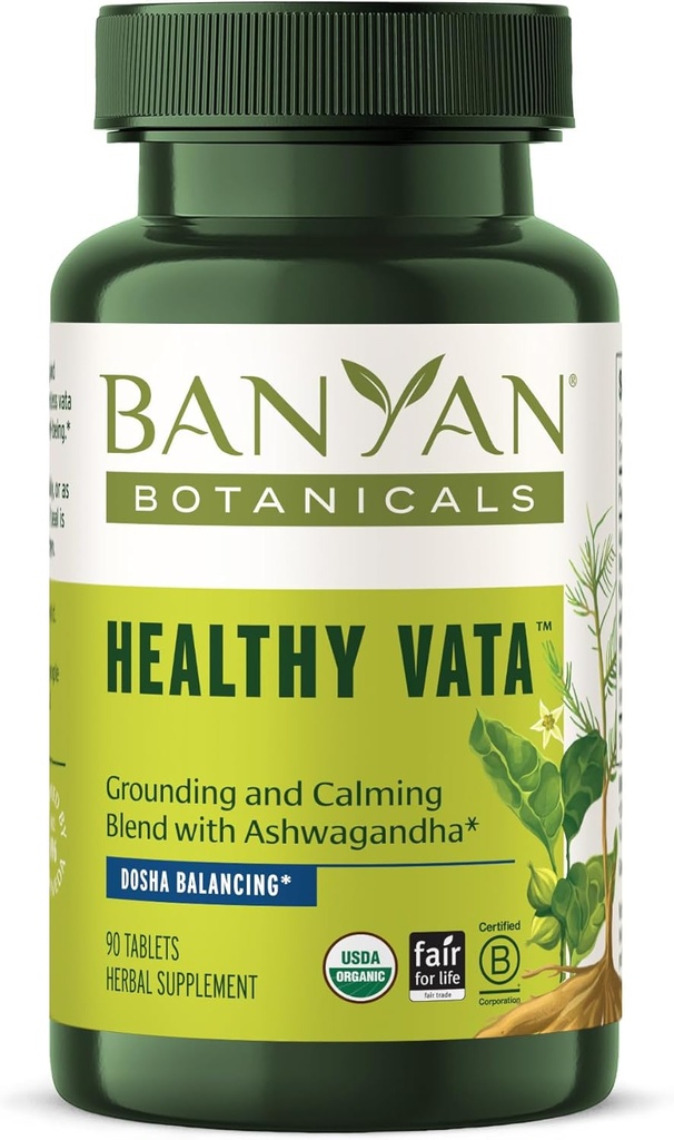 Banyan Botanicals Healthy Vata – Organic Herbal Supplement with Ashwagandha, Shatavari & Other Ayurvedic Herbs for Calm and Balanced Well-Being* – 90 Tablets – Non-GMO Sustainably Sourced Vegan