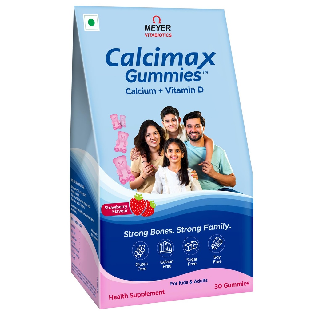 Calcium Gummies with Vitamin D for Kids & Adults | Kids: 125mg Calcium + 200 IU Vitamin D | Adults: 250mg Calcium + 400 IU Vitamin D | Sugar Free, Gelatin Free | Strawberry Flavour | Bone Health Supplement | 30 Gummies