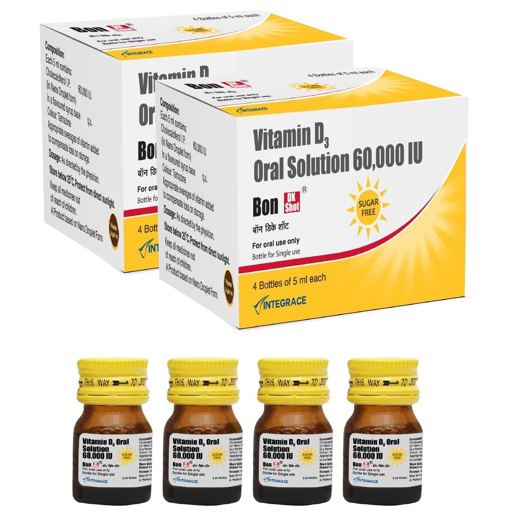 Bon Dk Shot Sugarfree Vitamin D3 Oral Solution(8 Shots Of 5Ml Each) Sugar Free Shot With Pineapple Flavour,Liquid Syrup, 1 Count