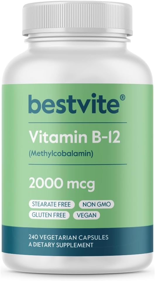 [BRSRMHACOQPAGHTU] BESTVITE Vitamin B12 (Methylcobalamin) 2000mcg (240 Vegetarian Capsules) (Methyl B12) - No Stearates - Vegan - Non GMO - Gluten Free