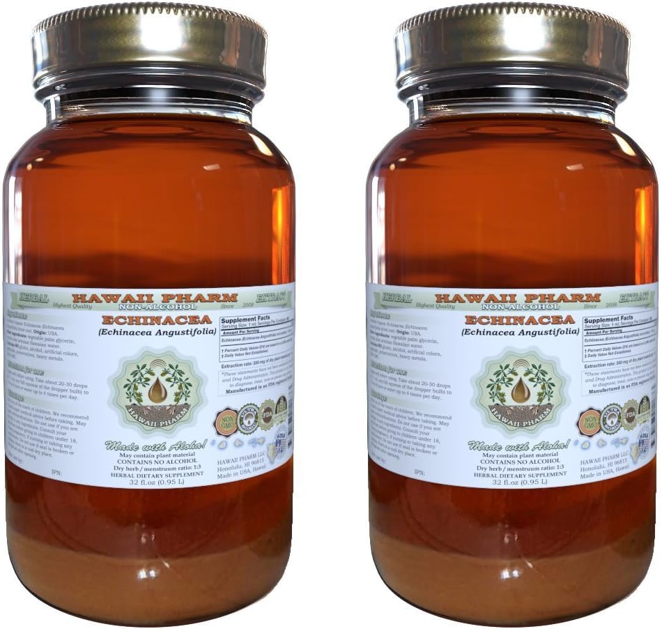 Echinacea Alcohol-Free Liquid Extract, Echinacea (Echinacea Angustifolia) Dried Root Glycerite Hawaii Pharm Natural Herbal Supplement 2x32 oz Unfiltered