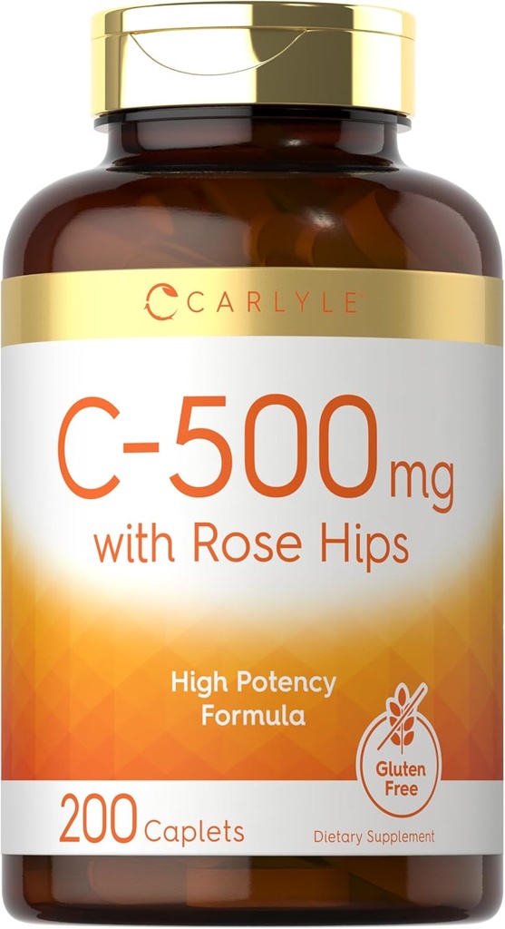 Carlyle Vitamin C with Rose HIPS 500mg | 200 Caplets | High Potency Formula | Vegetarian, Non-GMO and Gluten Free Supplement