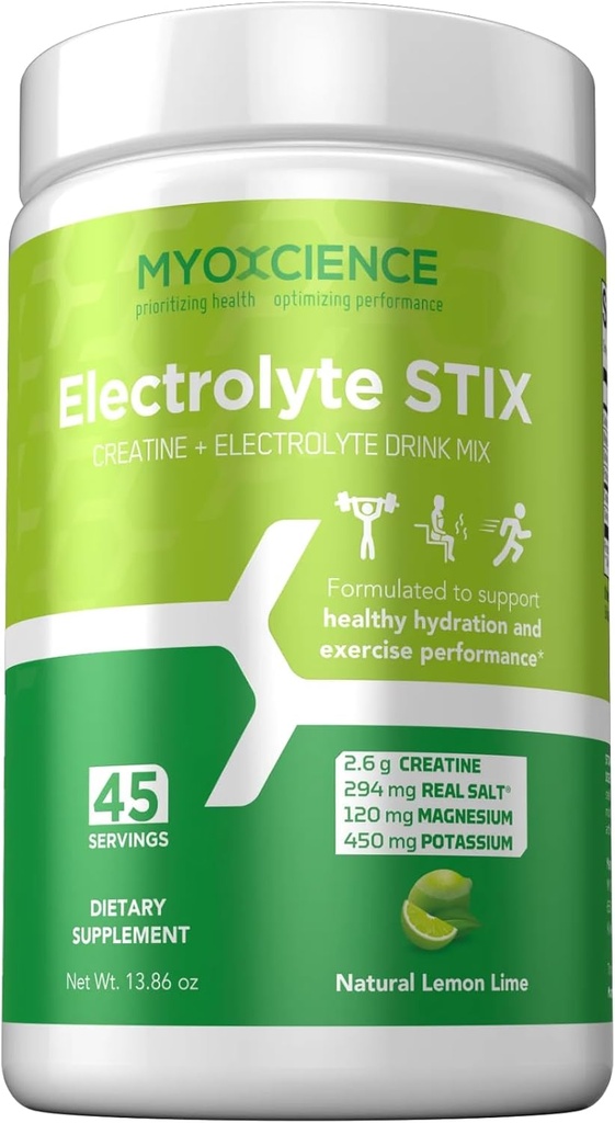 [BRSROZA3DF5GAAI3] MYOXCIENCE Electrolyte STIX | Creatine Electrolyte Powder | Recovery from Exercise & Muscle Development w/Real Salt (Lemon Lime Flavor) (Jar 45 ct)
