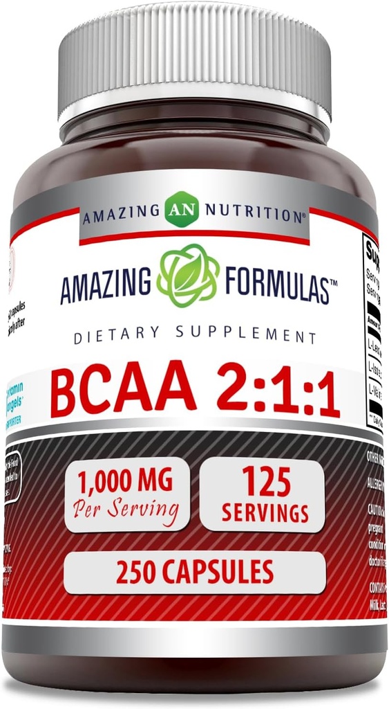 Amazing Formulas BCAA 2:1:1 1000 Mg Per Serving | 250 Capsules Supplement | Branched Chain Amino Acids | Non-GMO | Gluten-Free | Made in USA