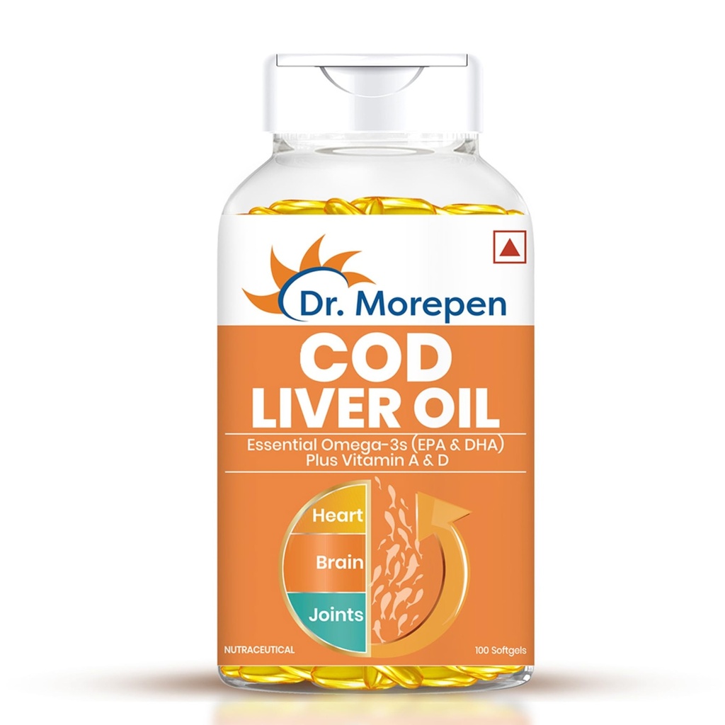 Dr. Morepen COD Liver Oil Capsules | Finest Natural Omega 3, EPA & DHA | Pack of 100 Softgels