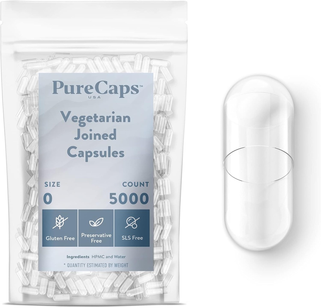 [BRSWIG36AYARCGDM] PureCaps USA - Empty Vegetarian and Vegan Pill Capsules Size 0| 5,000 Joined Pills| Clear| Non-GMO Certified | SLS, Gluten, Preservative Free