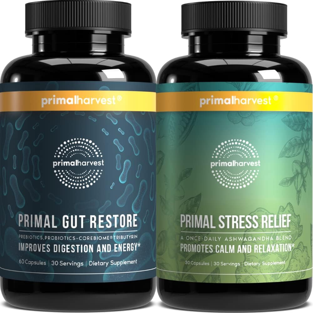 Primal Harvest Primal Gut Restore & Stress Relief Supplements for Women and Men Ashwagandha Extract Capsules and Colon Cleanse Pills Bundle