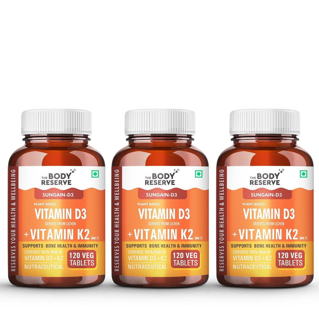 The Body Reserve """ Vitamin D3 K2 Mk7-120 Veg Tablets, 100% Rda Plant-Based Vitamin D3 Supplement From Lichen Source With Vitamin K2 As Mk7 Menaquinone, Pack Of 3"""