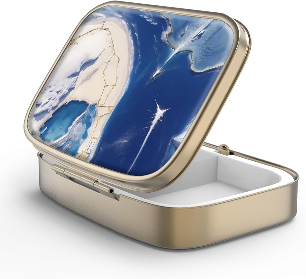 Pill Case Pill Box with Mirror Retro 2 Compartment Small Pill Case for Purse or Pocket Bronze Rectangular Pill Box or Vitamins, Fish Oil, Supplements, Pill Containe Travel Gifts（Marble Paint）
