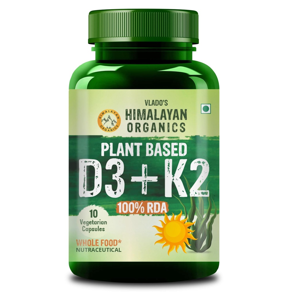 Vlado’s Himalayan Organics Plant Based 600iU Supplement | Vitamin D3(Lichen) + K2(Menaquinone Mk7) - 10 Veg Capsule