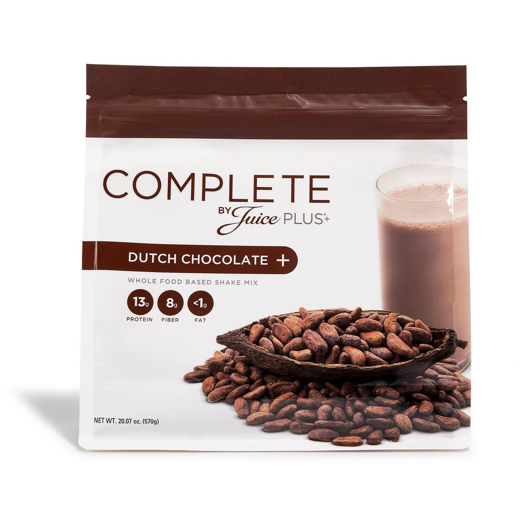 Complete by JuicePlus+ Dutch Chocolate Shakes - Plant-Based Nutrition - Whole Food Based Shake Powder with Protein, Fiber & Prebiotics - 30 Servings (2 Pouches, 15 Servings Each)
