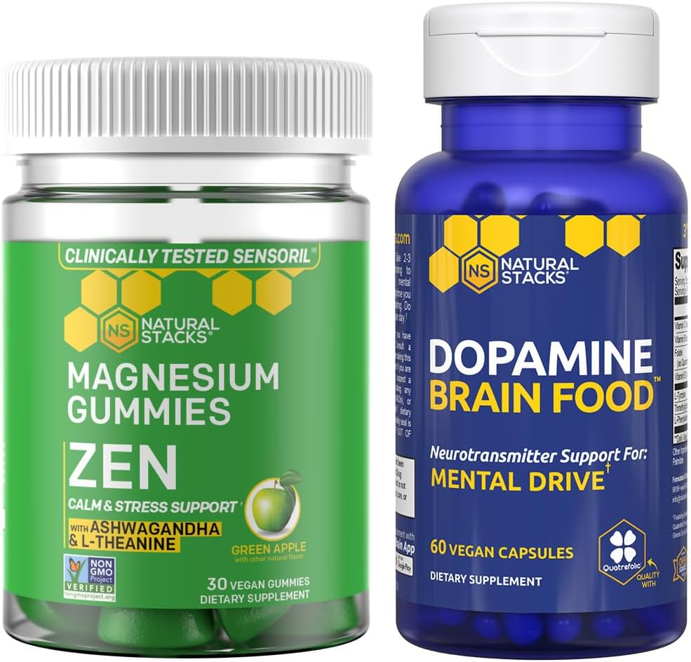 NATURAL STACKS Magnesium Zen Gummies + Dopamine Brain Food Bundle - Focus & Relaxation Support* - 90 Total Pieces