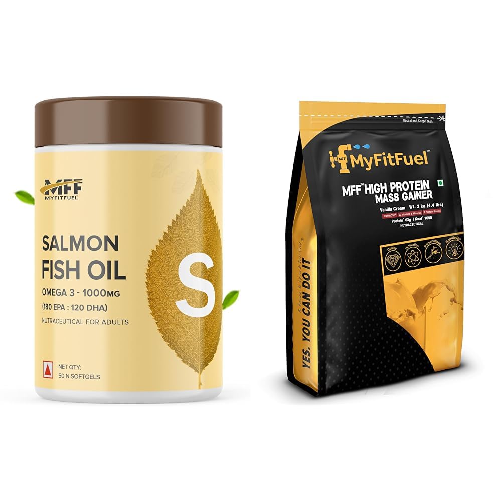 MyFitFuel Salmon Fish Oil, 1000mg (180 EPA 120 DHA), 50 softgels | MyFitFuel MFF High Protein Mass Gainer 2 kg (4.4 lbs) Vanilla Crème
