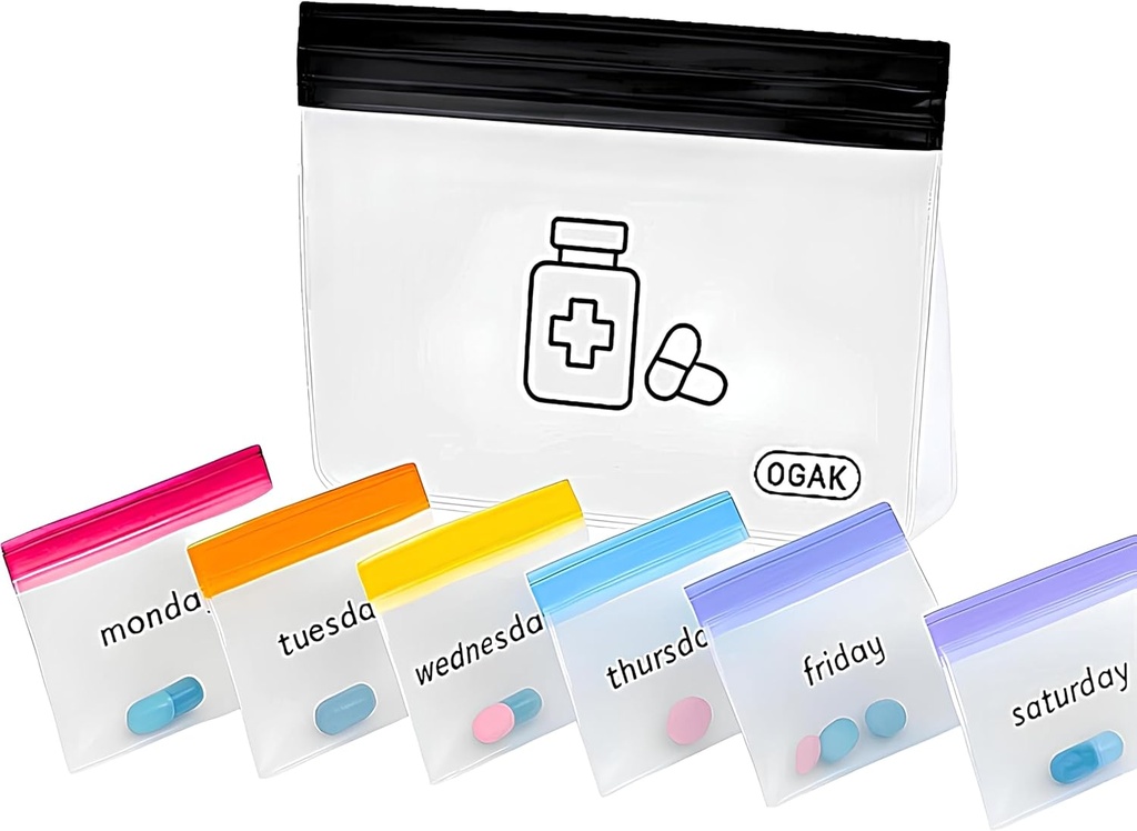 Pill Pouches Bags for Travel Reusable, 7 Day Colored Mini Plastic Bags, Travel Pill Organizer, Small Pill Bags & Large Travel Pill Container, Medicine Storage Bag, Clear Lock Bags | Inc. Pill Cutter