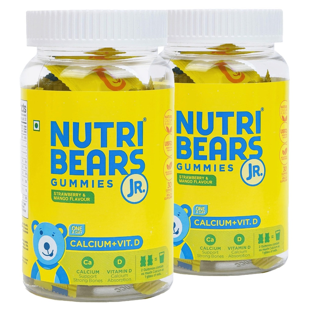 NutriBears Kids Calcium Gummies | 125mg Calcium + Vitamin D | No Artificial Colours | Supports Strong Bones & Teeth | USFDA-Registered | Vegetarian | Ages 2-12 | Mango & Strawberry | 60 Gummies