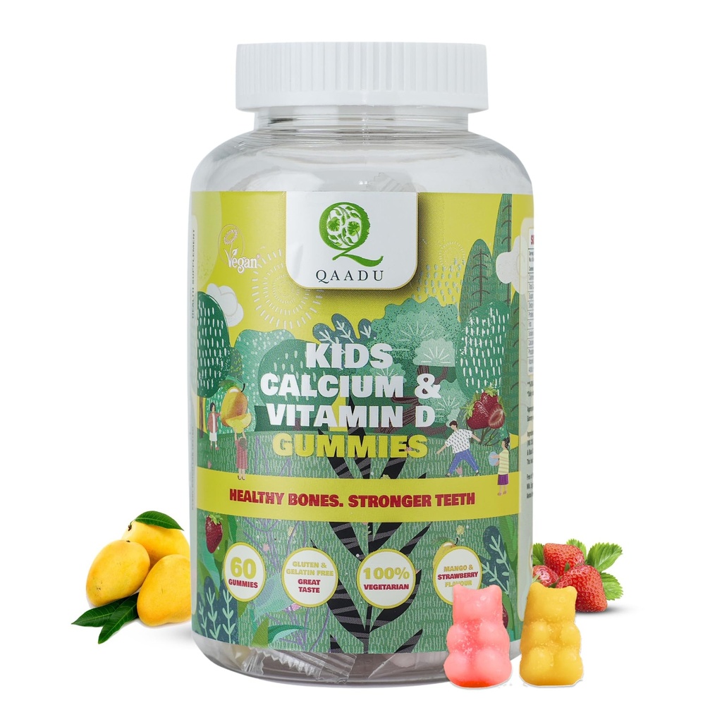 Kids Calcium & Vitamin D Gummy | 60 Gummies | For Healthy Bones, Stronger Teeth, and Growth | Vegan, Delicious Mango & Strawberry Flavor