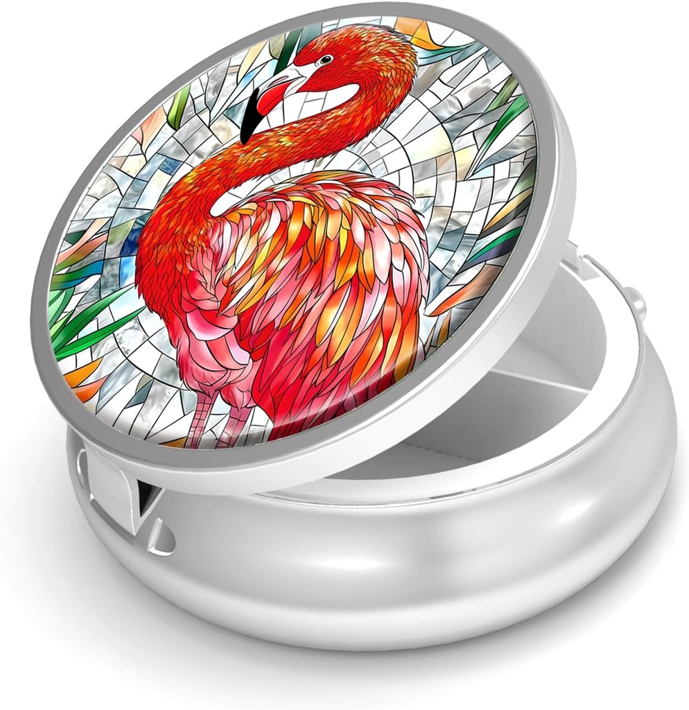 Pill Box-3 Compartment Small Pill Case for Purse & Pocket Mini Metal Pill Holder Travel Pill Container to Hold Supplements Vitamins BPA-Free (Flamingo)
