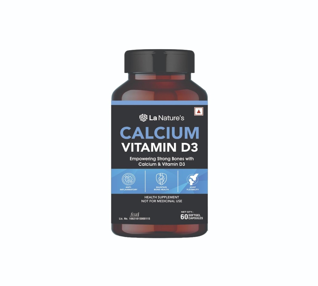 La Nature's Calcium & Vitamin D3 Capsules Calcium Carbonate 500 mg Vitamin D3 Supplement for Men & Women for - 60 Softgels