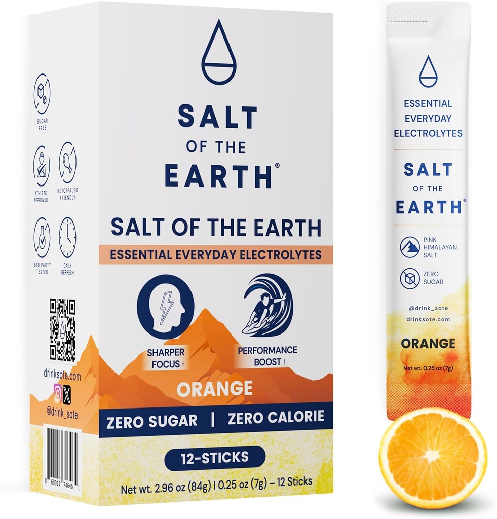 Salt of the Earth Premium Zero-Sugar Electrolyte - Made with Pink Himalayan Salt - Hydration Powder Packets | Premium Ingredients | Keto & Paleo Friendly | 12 Sticks, Orange