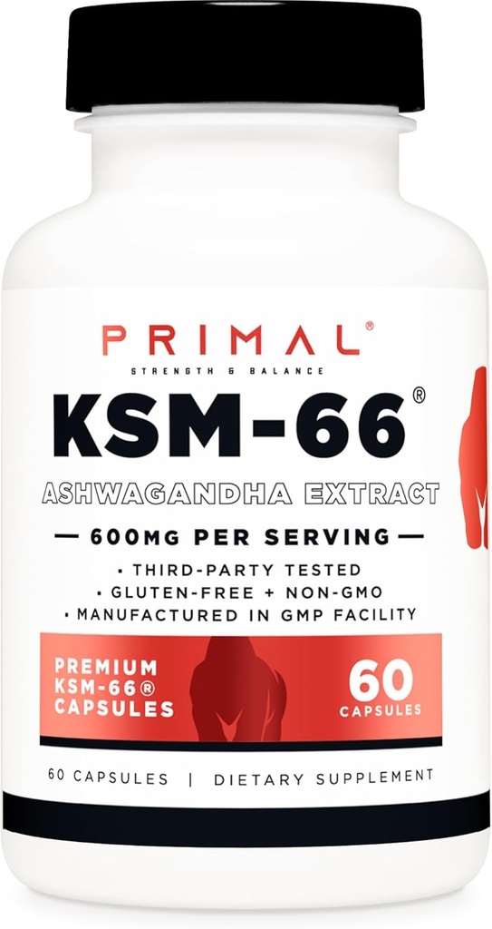 [BRSRO2QRAUPGECL2] Primal KSM-66 Ashwagandha Complex (60 Capsules / 60 Servings, 600 mg Per Serving) - KSM-66 Ashwagandha with Black Pepper Extract, Gluten Free, Non-GMO