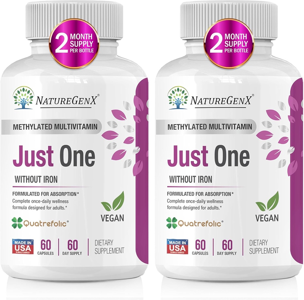 Just One Daily Methylated Multivitamin with Methyl B12, Quatrefolic Methylfolate, Pure MTHFR Supplement for Men and Women Without Iron, 2 Bottles (60 Vegan Capsules), USA-Made